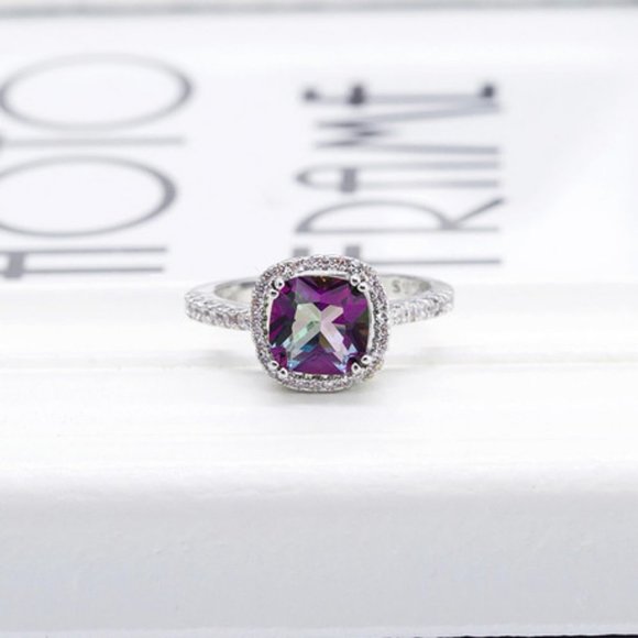 Sterling Silver Rainbow Topaz Diamond Halo Ring - Picture 3 of 4